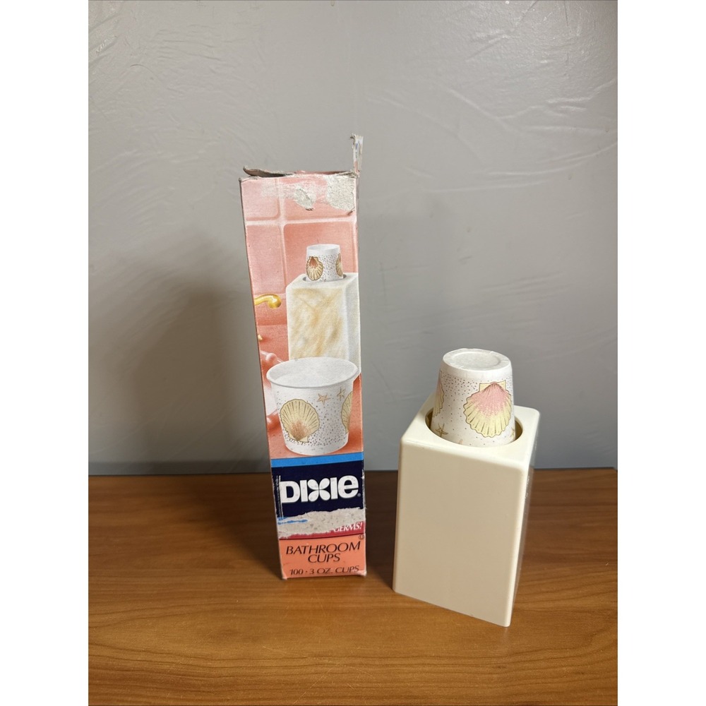 Vintage 90s Dixie Bathroom Cups And Dispenser Sea Shell Pattern